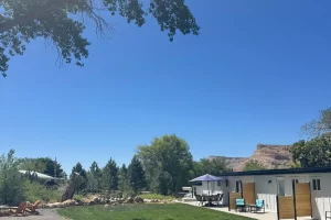 Backyard oasis with patio furniture, green lawn, and mountain views under a clear blue sky. Home exterior.