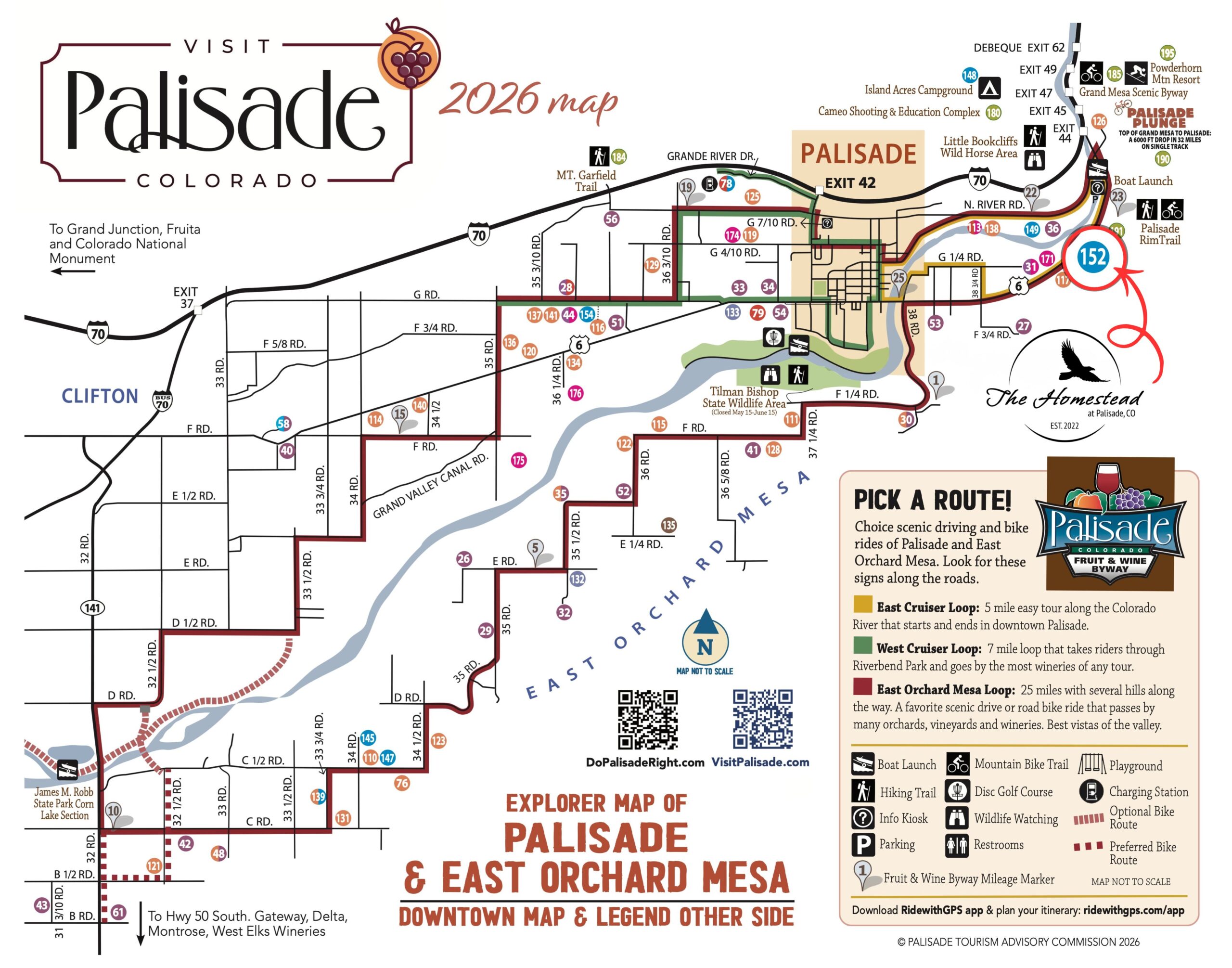 Map of Palisade, Colorado, showing highways, downtown routes, landmarks, local roads, the Colorado River, orchards, and wineries, with icons for amenities and a highlighted route for sightseeing.